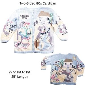 Vintage 80s Cardigan Womens L Blue Cats Dogs Graphic Cottage Sweater Together